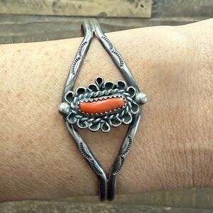 Vintage Navajo Native Handmade Stamped Sterling Silver and Coral Cuff